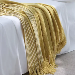 Green Striped Knit Throw Blanket & Pillow Cover Set Soft Cozy Throw with Tassels for Sofa Bed