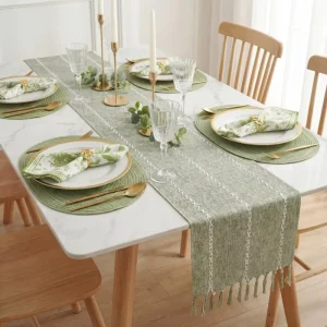 Green Table Decoration Set Green Rustic Cotton Linen Table Runner Oval Braided Placemats Set Flower Napkin Rings