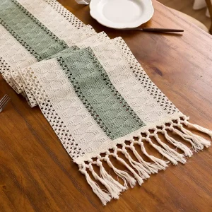 Green Woven Oilproof Eco-friendly Soft Customizable Polyester Cotton Plant Pattern Hotel Table Runner Tassel Hollow Knot