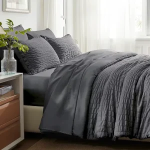 Grey 7 Piece Comforter Set Seersucker Duvet Bedding Set Breathable King & Super King Sizes for Home Use