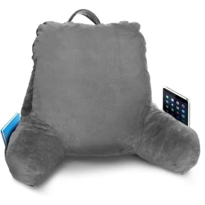 Grey Standard Bed Reading Pillow with Shredded Memory Foam Back and Sitting Bed Chair Arm Pockets Bed Rest Pillows