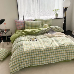 Grid Solid Color AB Version 100% Washed Cotton Home 4-piece Sheet Bedding Set