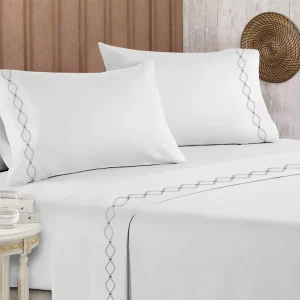 HONI Crisp and Breathable Soft Cooling Bed Sheets Embroidered Sheets Set Soft Wrinkle Resistant Deep Pocket Bed Sheets
