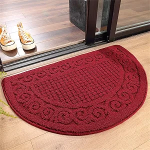 Half Circle Plain Tufted Loop Pile Front Door Mat Polypropylene Dirt Resist Non Slip Washable Red for Home