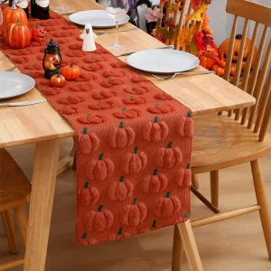 Halloween 3D Quilted Embroidered Pumpkin Table Runner 100% Polyester Washable & Durable for Party and Home Decor