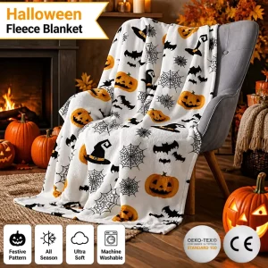 Halloween Blanket Throw Plush Fleece All Season Soft Cozy Jack O Lantern Witch Hat Bed Couch Factory