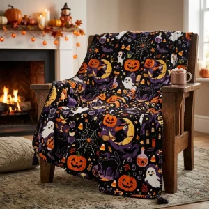 Halloween Flannel Blanket Fleece Throw Spooky Pattern Warm Custom Gift Blanket for Fall Decor
