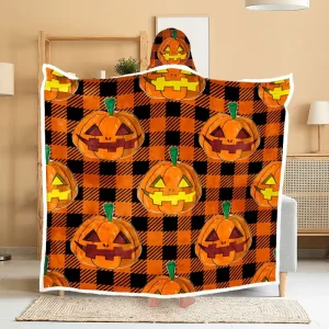 Halloween Pumpkin Plaid Hooded Wearable Blanket Double Layer Shawl Cape Throw Blanket Custom Labels Print Hoodie Blanket