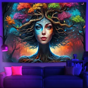 Halloween Skull & Tree Life Retro Nostalgia Machine Washable Wall Hanging Decorative Painting for Bedside Atmosphere Enhancement