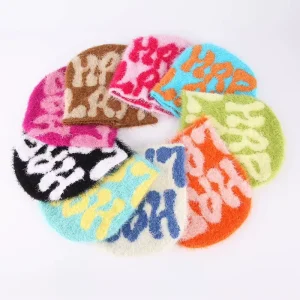 Hand Embroidery Beanie Hats Warm Acrylic Jacquard Winter Knitted Skull Cap Fuzzy Mohair Unisex Beanie