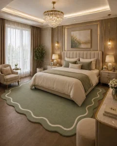 Hand Tufted Green Rug Modern Bedroom Area Rug Luxury Wavy Edge Carpet Custom Size Soft Floor Decor