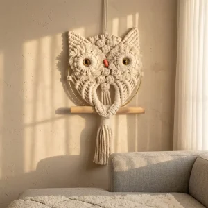 Hand Woven Cotton Tapestry Owl Cartoon Anime Pattern Nordic Bohemian Style Circle Wall Hanging Home Decor