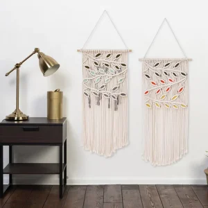 Hand woven Eco Friendly Bohemian Leaf Macrame Cotton Rope Tapestry with Tassels Still Life Pattern Wall Hanging Wall Decor