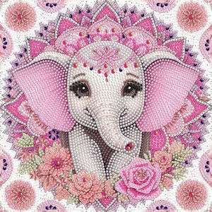 Handmade 5D Pearl Painting DIY Kit Featuring Adorable Baby Pink Elephant Cartoon Circular Floral Mandala Frame Home Wall Kids