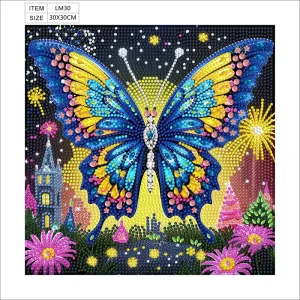 Handmade 5D Pearl Painting DIY Kit Large Blue Butterfly Overlooking Colorful Town Flowers Home Wall Art Frame Fabric