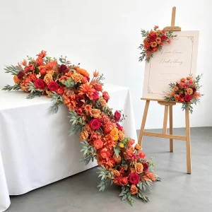 Handmade Artificial Orange Red Rose Table Runner Realistic Waterproof Plastic Floral Garland for Wedding and Valentine’s Day