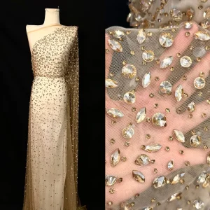 Handmade Beaded Lace Fabric for Wedding Gowns and Evening Dresses Polyester Nylon Metallic 300g/m