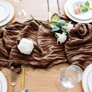 Handmade Boho Soft Gauze Cloth Table Runner Dinner Decoration 400cm Coffee Brown Cheesecloth Table Runner Banquet Party Wedding
