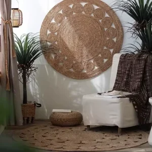 Handmade Braided Thick Reversible Jute Rug Natural Fiber Eco Friendly Woven Boho Farmhouse Floral Mandala Pattern Living Room