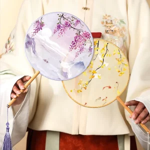 Handmade Chinese Round Fan with Tassel for Hanfu Cheongsam Floral Semi Transparent Silk Fan for Kids Girls Dance Party