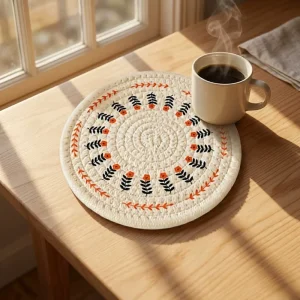 Handmade Cotton Woven Round Placemats with Insulation and Non-Slip Feature Vintage Design for Christmas Dining Table