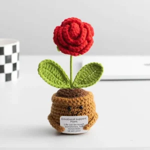 Handmade Crochet Yarn Flower Potted Textile Craft Rose Home Decor Gift Positive Energy Plant