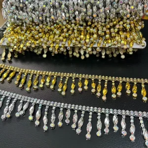 Handmade Decoration Clothing Accessory Plastic Rhinestone Chain High Gloss Metallic Shine Long Length Rice Bead Garment Shoes