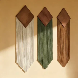 Handmade Diamond Shaped Wooden Board Tassel Tapestry Bohemian Wall Decor Hanging Art for Guesthouses Entryways