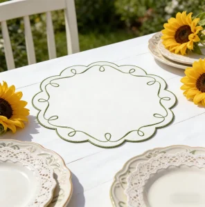 Handmade Flower Embroidered Kitchen Placemat Floral Rustic Round Canvas Place Mat Woven for Wedding