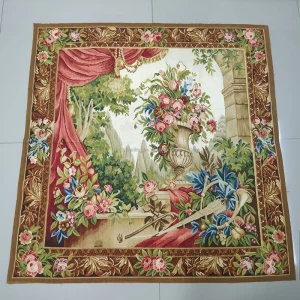 Handmade French Style Square Wool Silk Aubusson Tapestry Antique Vintage Flowers Floral Design Wall Hanging