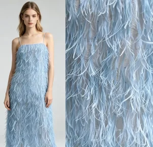 Handmade Light Blue Ombre Long Ostrich Feather Fringe MeshFlowy Tassel Feather Fabric for Wedding Evening Gown Prom Dress