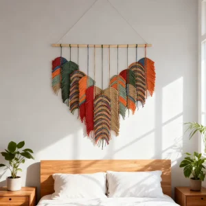 Handmade Moroccan Inspired Green Leaves Cotton Woven Tapestry Boho Wall Hanging Craft Decorative Art for Home Guesthouse