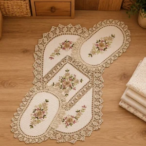 Handmade Ribbon Embroidery Table Runner Beige Crochet Lace Table Dresser Scarf Vintage Floral Embroidered Table Mat Textile