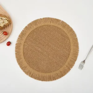 Handmade Tassel Edges Paper Woven Place Mats Table Mats Circular Home Decor Insulation Pads