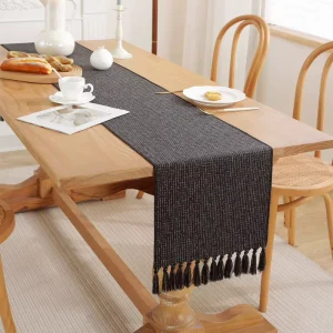 Handmade Tassel Oilproof Burlap Linen Woven Jacquard Dining Table Runner