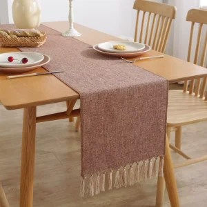 Handmade Woven Jacquard Eco Friendly Single Layer Solid Color Polyester Linen Tassel Table Runner for Home Office Coffee Table