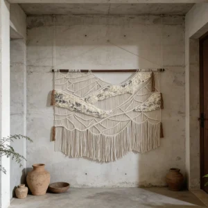 Handwoven Cotton Macrame Wall Art Wave Pattern Tapestry for Bedroom & Dining Room Neutral Boho Home Decor