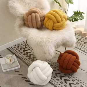 Handwoven Plush Knotted Ball Throw Pillow Lambswool & PP Cotton Filled Nordic Style for Sofa Living Room Bedside