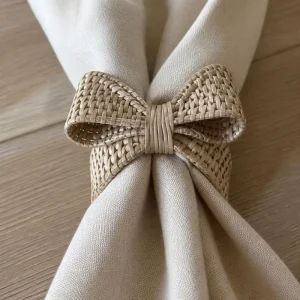 Handwoven Rattan Bow Napkin Rings Set of 6 Natural & Custom Colors Coastal Boho Holiday Table Decor Eco Napkin Holder