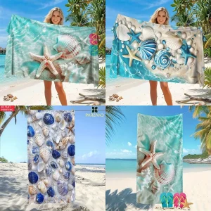Hawaiian Beach Theme Microfiber Beach Towel Starfish Shell Print Quick Dry Water Absorbent Large Bath Towel for Travel Outdoor