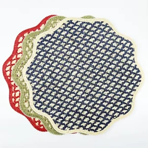Heat Resistant Non Slip Scalloped Braided Table Mats Navy Green Red Interlocking Geometric Woven Dining Placemats for Home Decor
