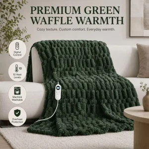 Heated Blanket Dark Green Flannel Sherpa 50×60 Inch Digital Control Safe Warm Factory