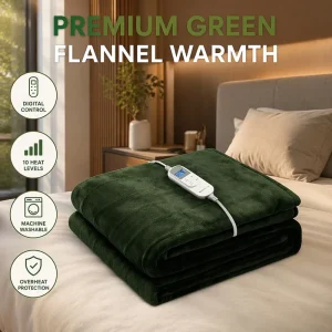 Heated Blanket Forest Green Luxury Flannel 200x150cm Digital Control Safe Warm Factory