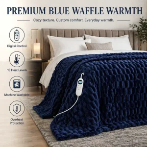Heated Blanket Navy Blue Flannel Sherpa 50×60 Inch Digital Control Safe Warm Factory