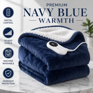 Heated Blanket Navy Blue Luxury Flannel Sherpa 50×60 Inch Digital Control Safe Warm Factory