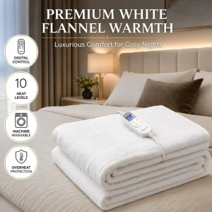 Heated Blanket White Ultra Soft Flannel 200x150cm Digital LCD Control Safe Warm Factory