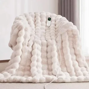 Heated Electric Blanket King Size Faux Fur Rabbit Texture Dual Controller Washable ETL Certified