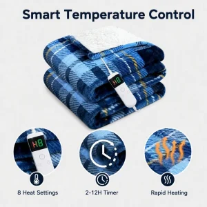 Heated Throw Blanket 50*60 Inch Double Layer Flannel Plaid Reversible 6 Heat 4Hr Auto Off Machine Washable