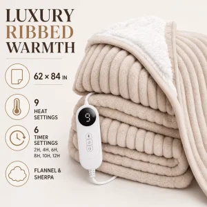 Heated Throw Blanket 62*84 Inch Flannel Sherpa 9 Heat 2 12H Auto Shut Off Washable Factory
