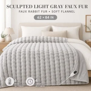 Heated Throw Blanket 62*84 Inch Plush Faux Rabbit Fur Flannel Dual Layer 6 Heating Levels Washable CE Factory